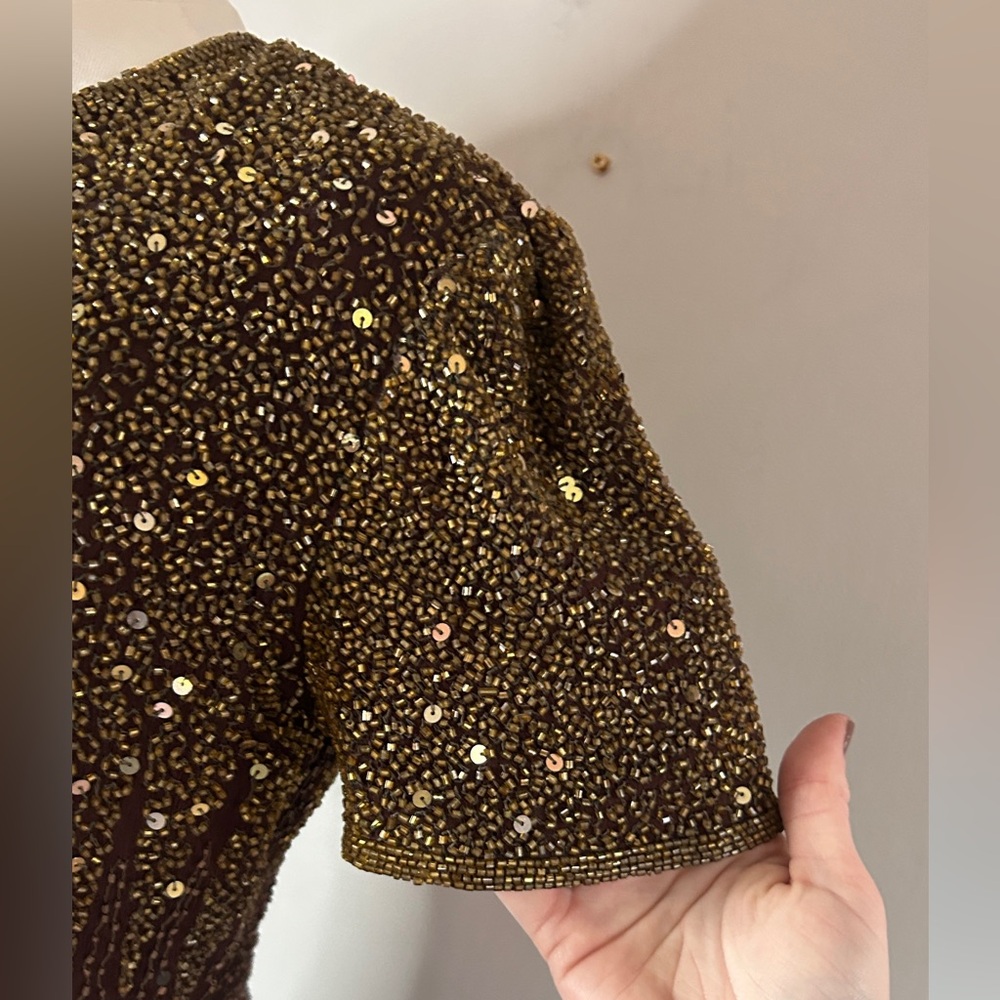 VINTAGE STENAY Silk Brown Bead Gown Art Deco Hollywood Glam Formal Maxi Dress 2 - Picture 9 of 13